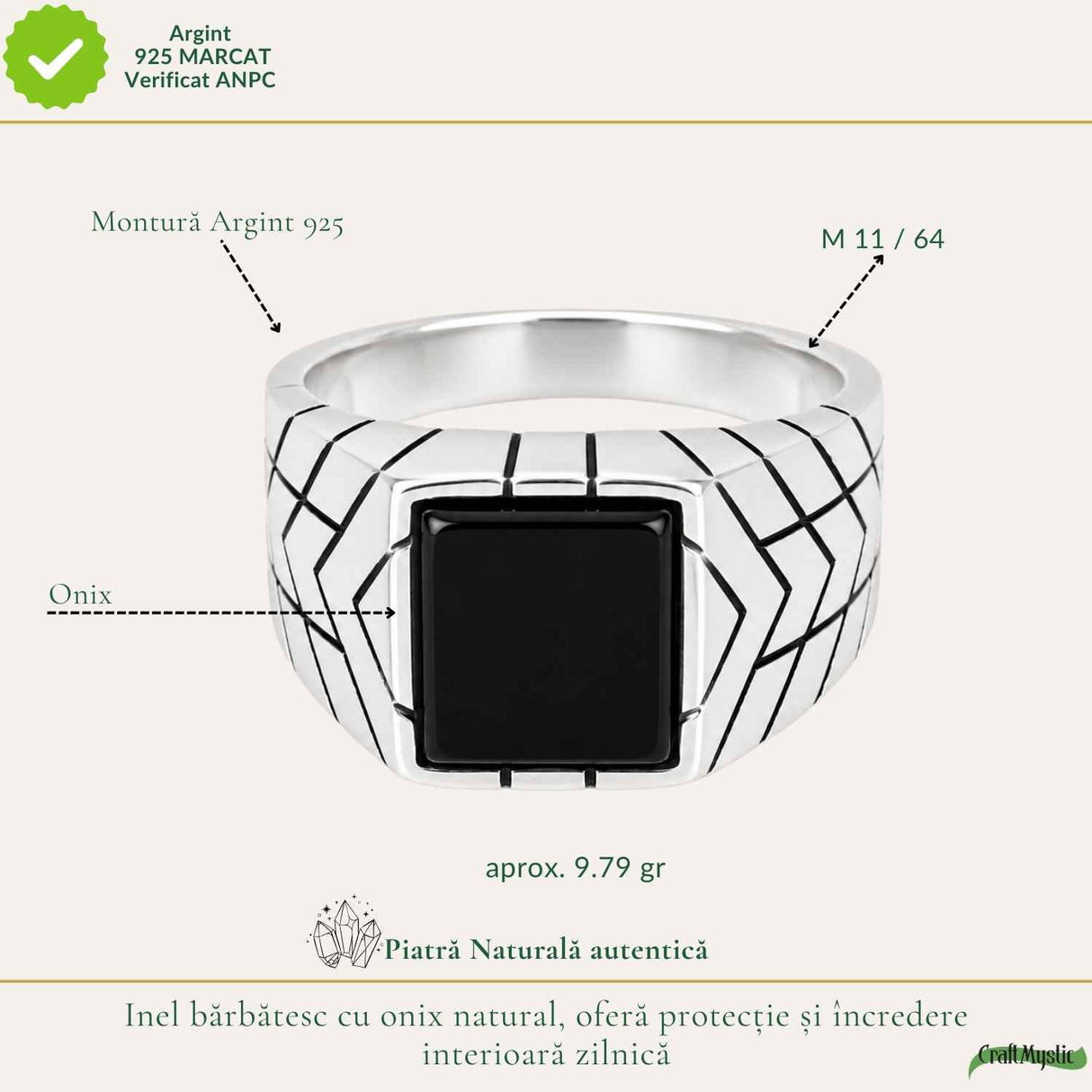 Inel Barbatesc Argint 925 cu Onix Patrat – Protectie si Forta Interioara