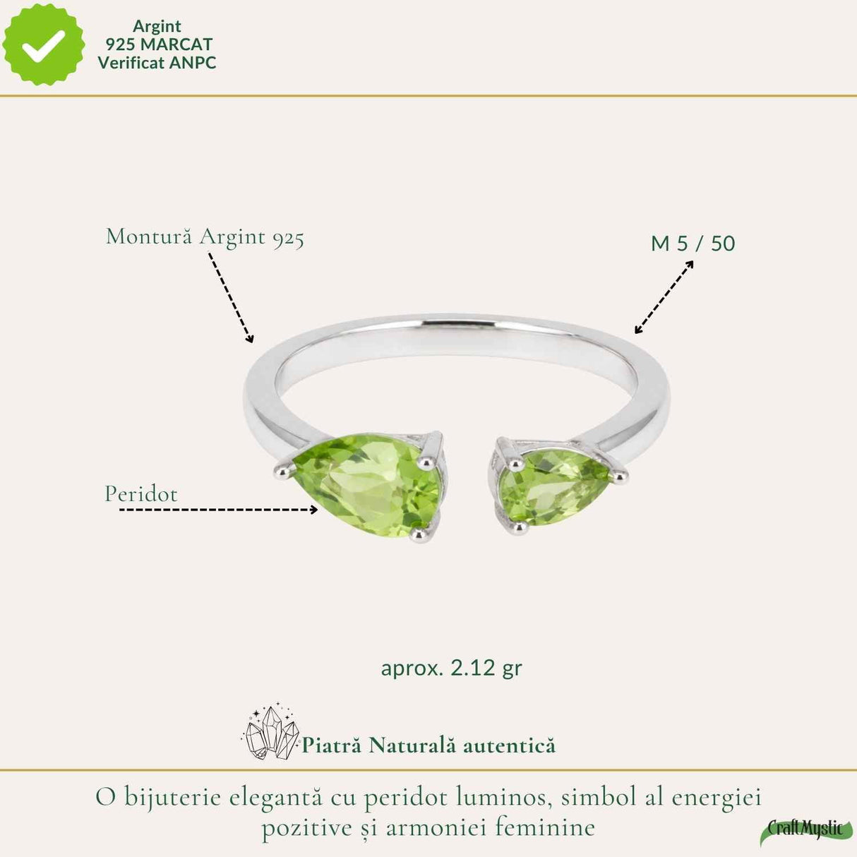 Inel Argint 925 cu Peridot Fatetat Lacrima – Echilibru si Feminitate Naturala