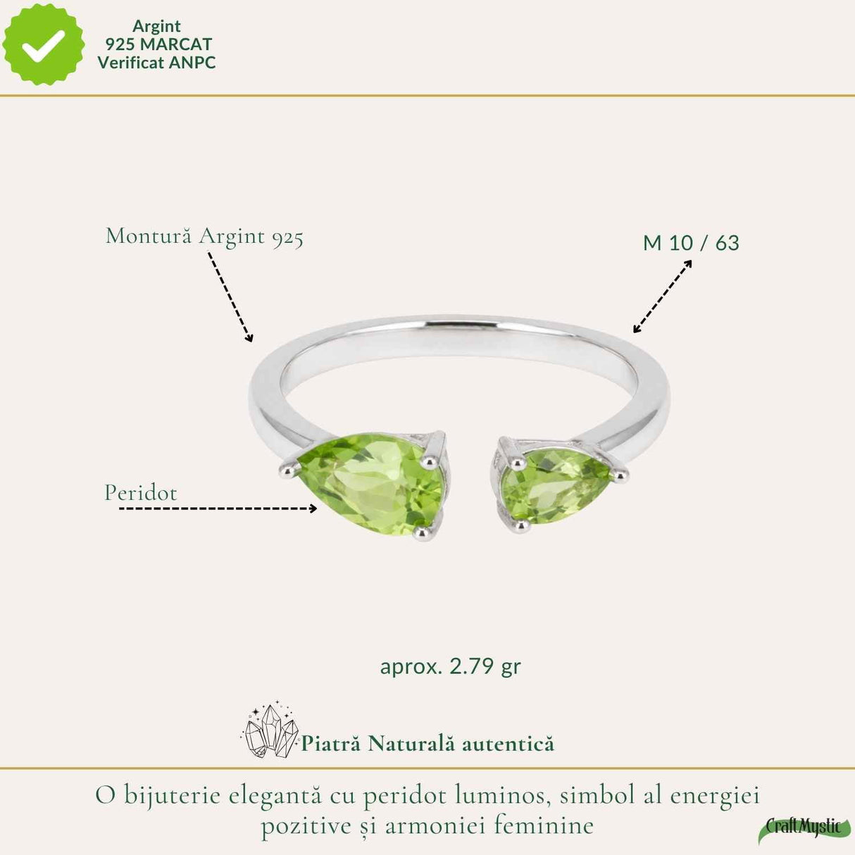 Inel Argint 925 cu Peridot Fatetat Lacrima – Echilibru si Feminitate Naturala