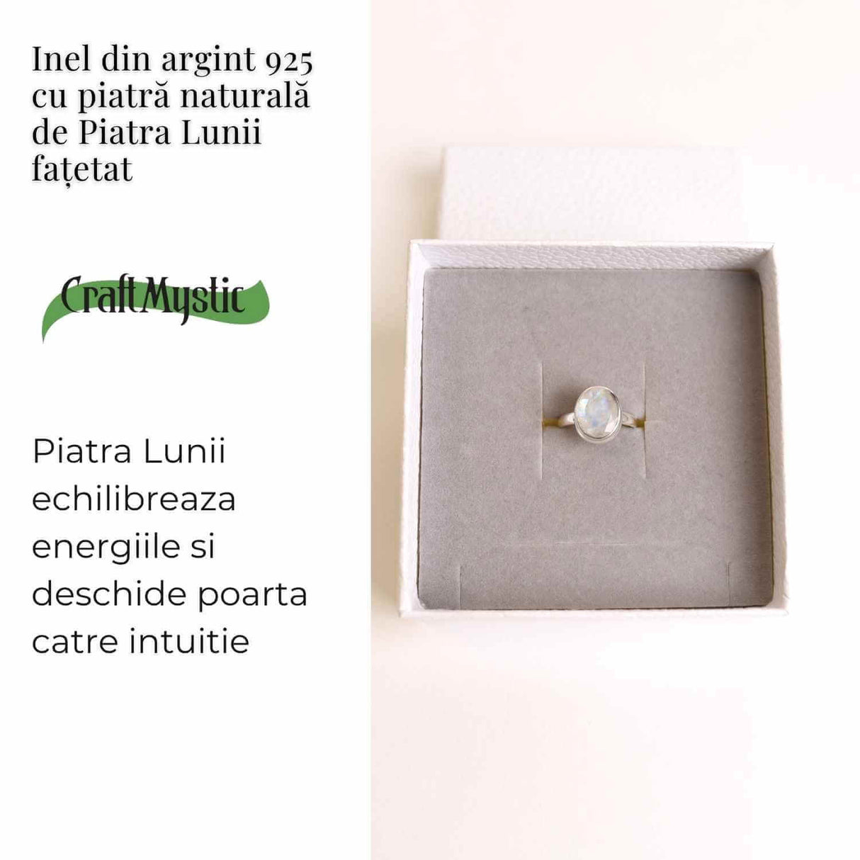 Inel Argint 925 cu Piatra Lunii Fatetata Oval- Lumina Interioara si Echilibru Emotional