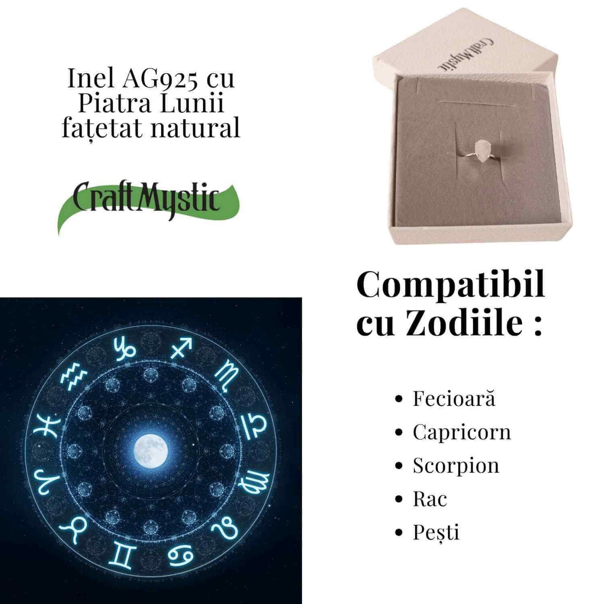 Inel reglabil din argint 925 cu piatra lunii fatetat, pentru calm si echilibru interior