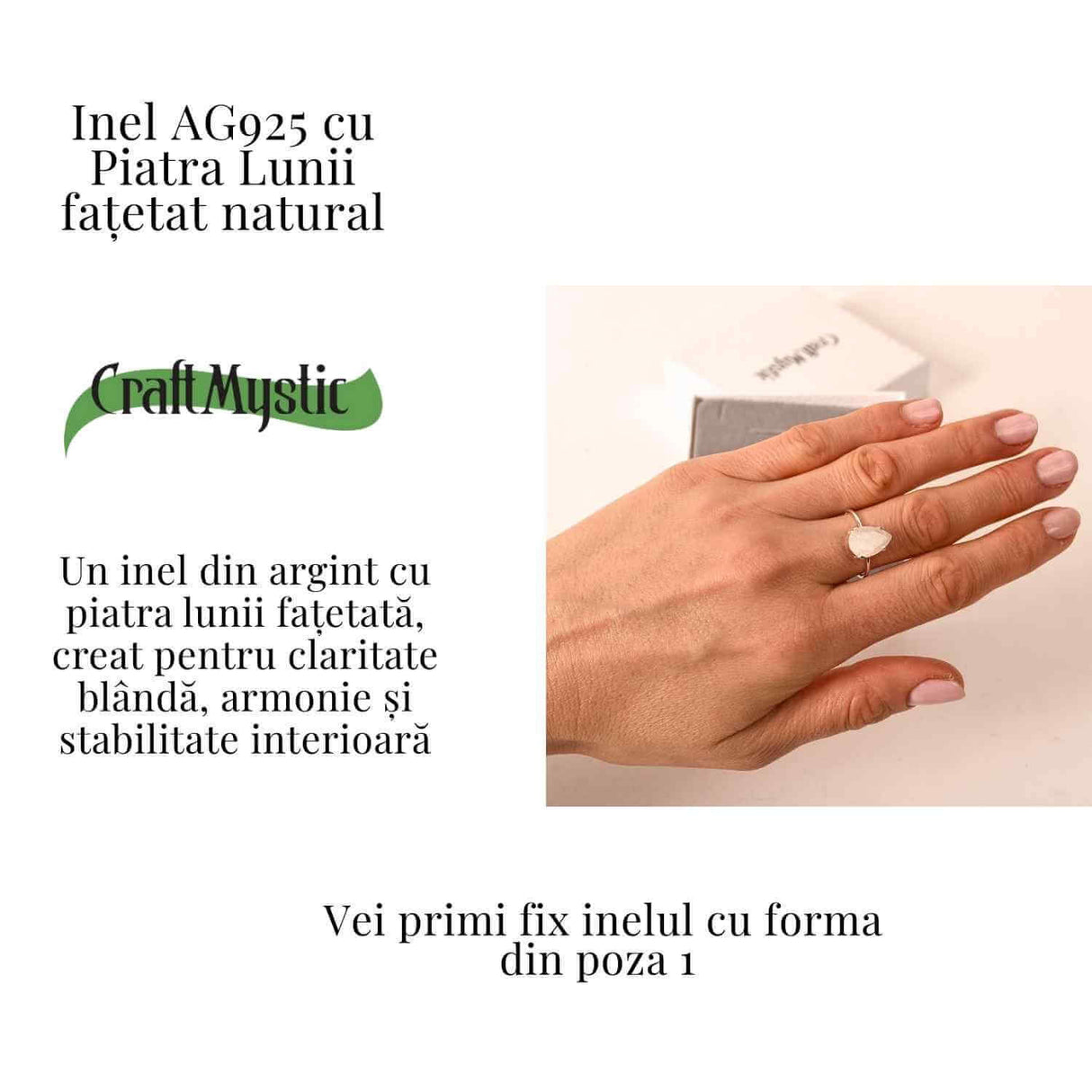 Inel reglabil din argint 925 cu piatra lunii fatetat, pentru calm si echilibru interior