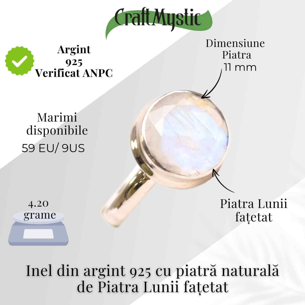Inel Argint 925 cu Piatra Lunii Fatetata Rotunda - Claritate Emotionala si Energie Feminina