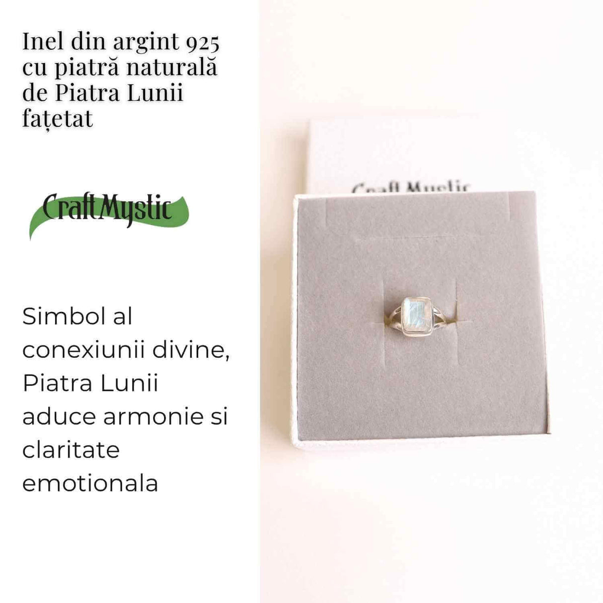 Inel Argint 925 cu Piatra Lunii Fatetata Dreptunghiulara - Echilibru Emotional si Claritate Interioara
