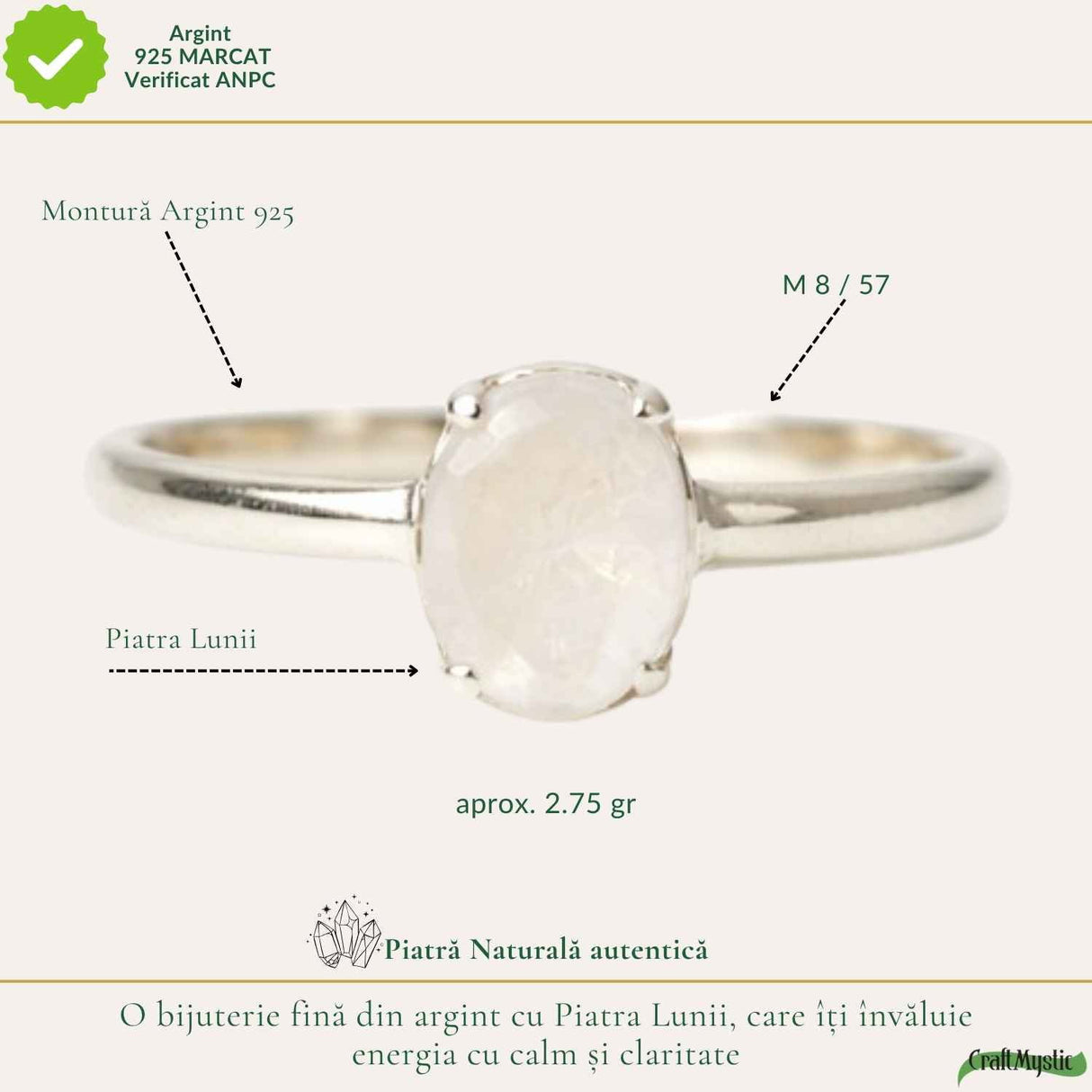 Inel argint 925 piatra lunii oval – intuitie si echilibru emotional