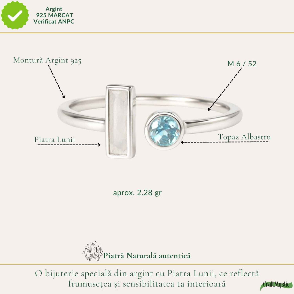 Inel Argint 925 cu Piatra Lunii si Topaz Alb – Echilibru si Claritate Interioara