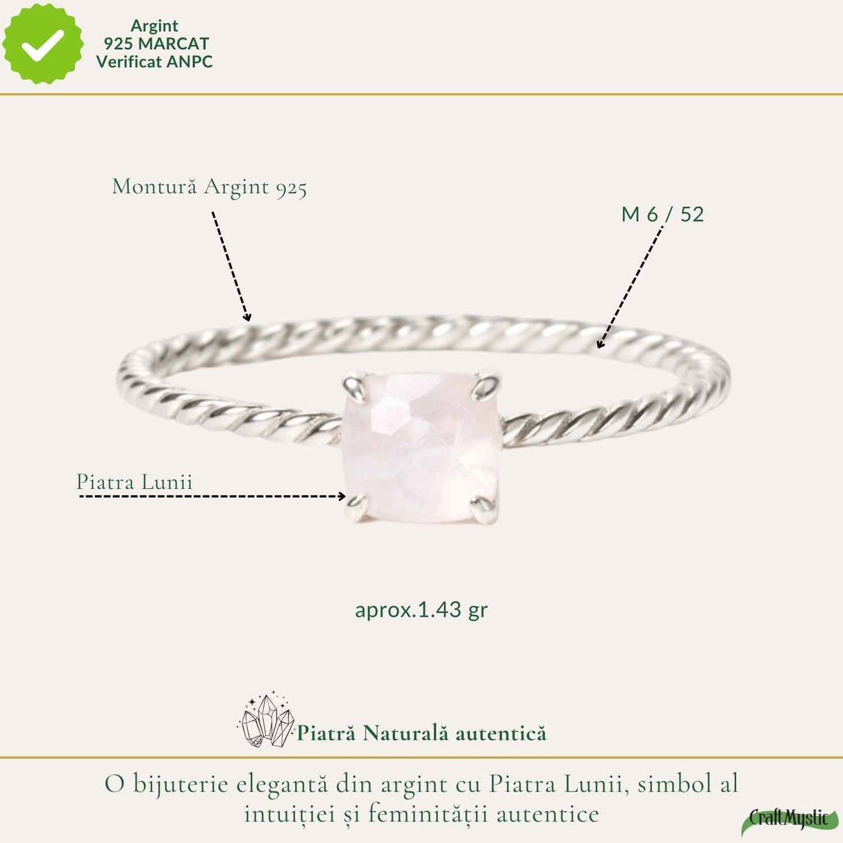 Inel argint 925 rasucit piatra lunii patrata – intuitie si echilibru