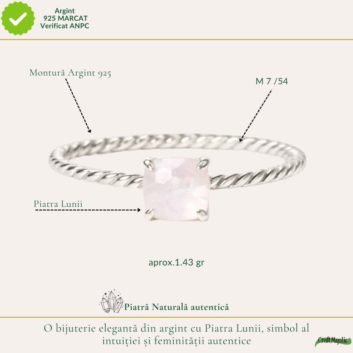 Inel argint 925 rasucit piatra lunii patrata – intuitie si echilibru