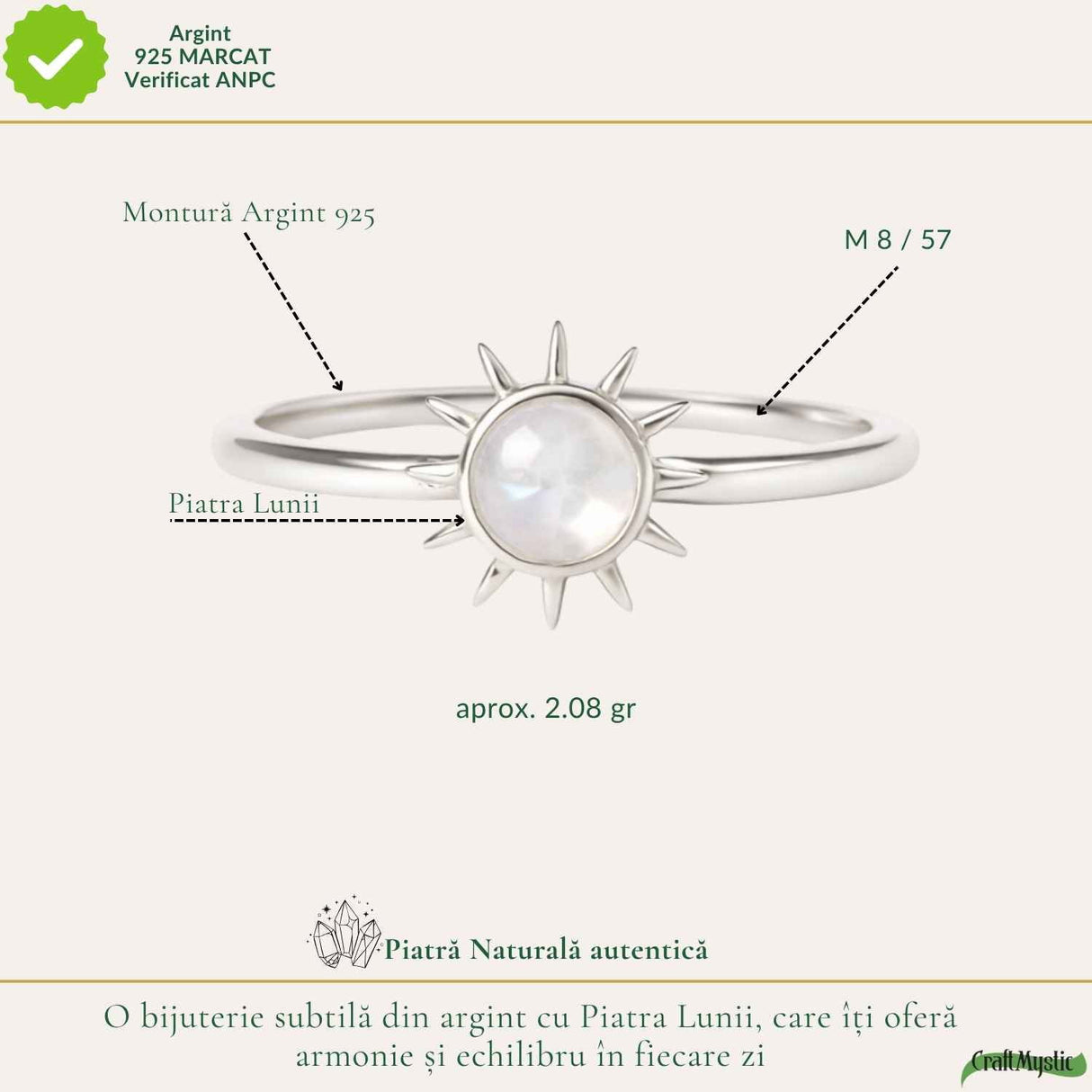 Inel Argint 925 cu Piatra Lunii si Soare – Feminitate si Echilibru Interior