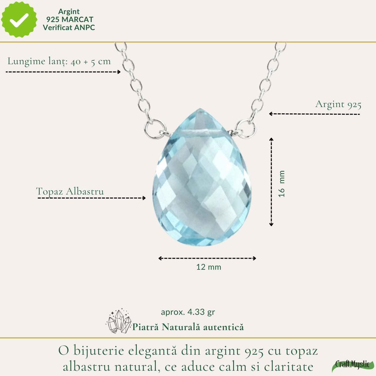 Colier argint 925 cu topaz albastru lacrima – calm si claritate interioara