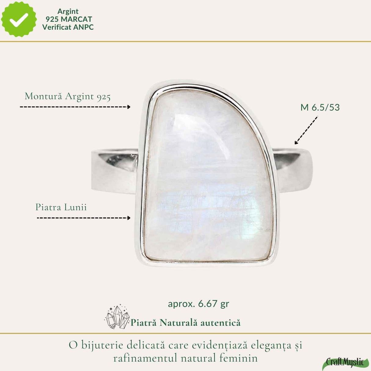 Inel Argint 925 cu Piatra Lunii Neuniforma – Intuitie si Eleganta Naturala