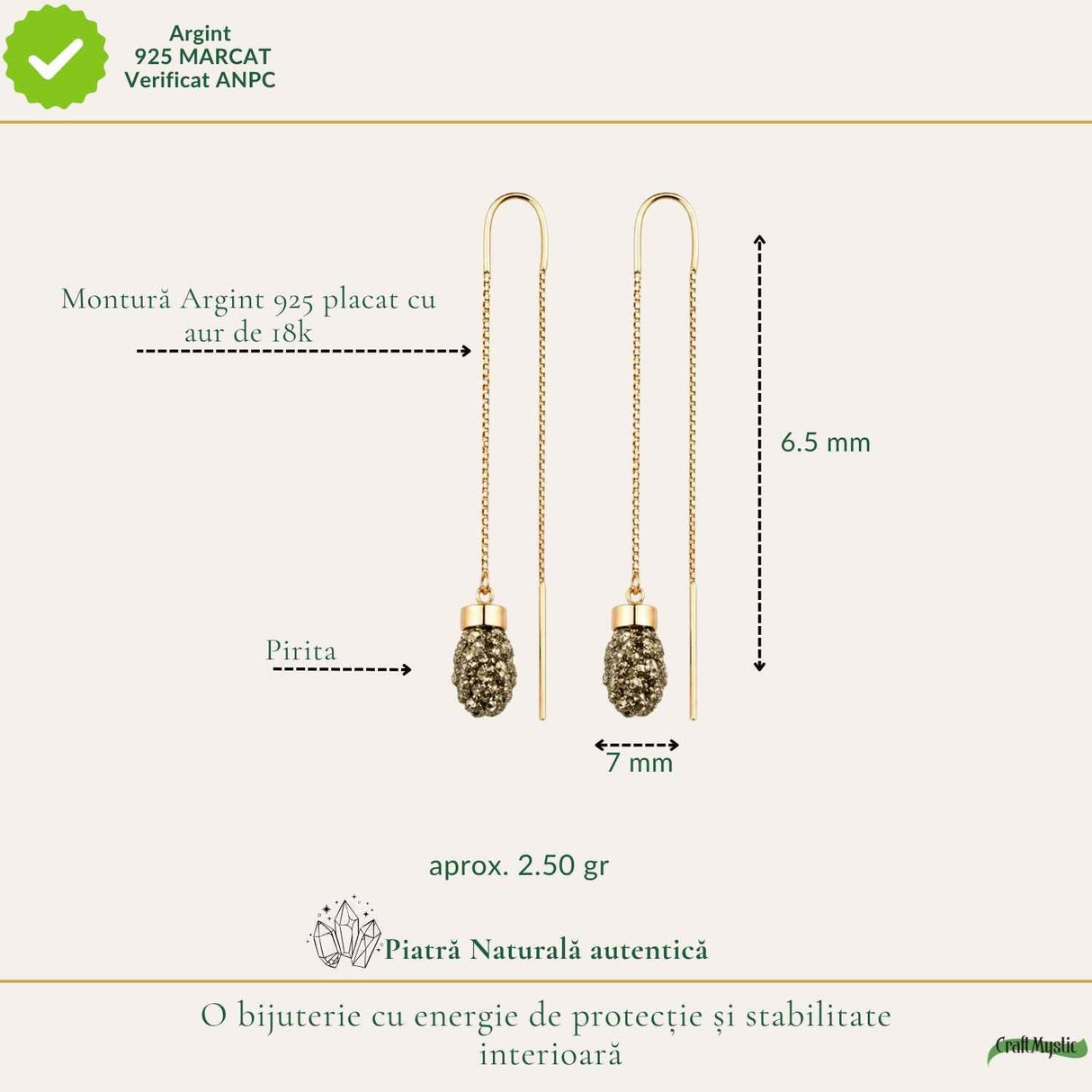 Cercei argint 925 aur 18K cu Pirita bruta – protectie si energie de prosperitate