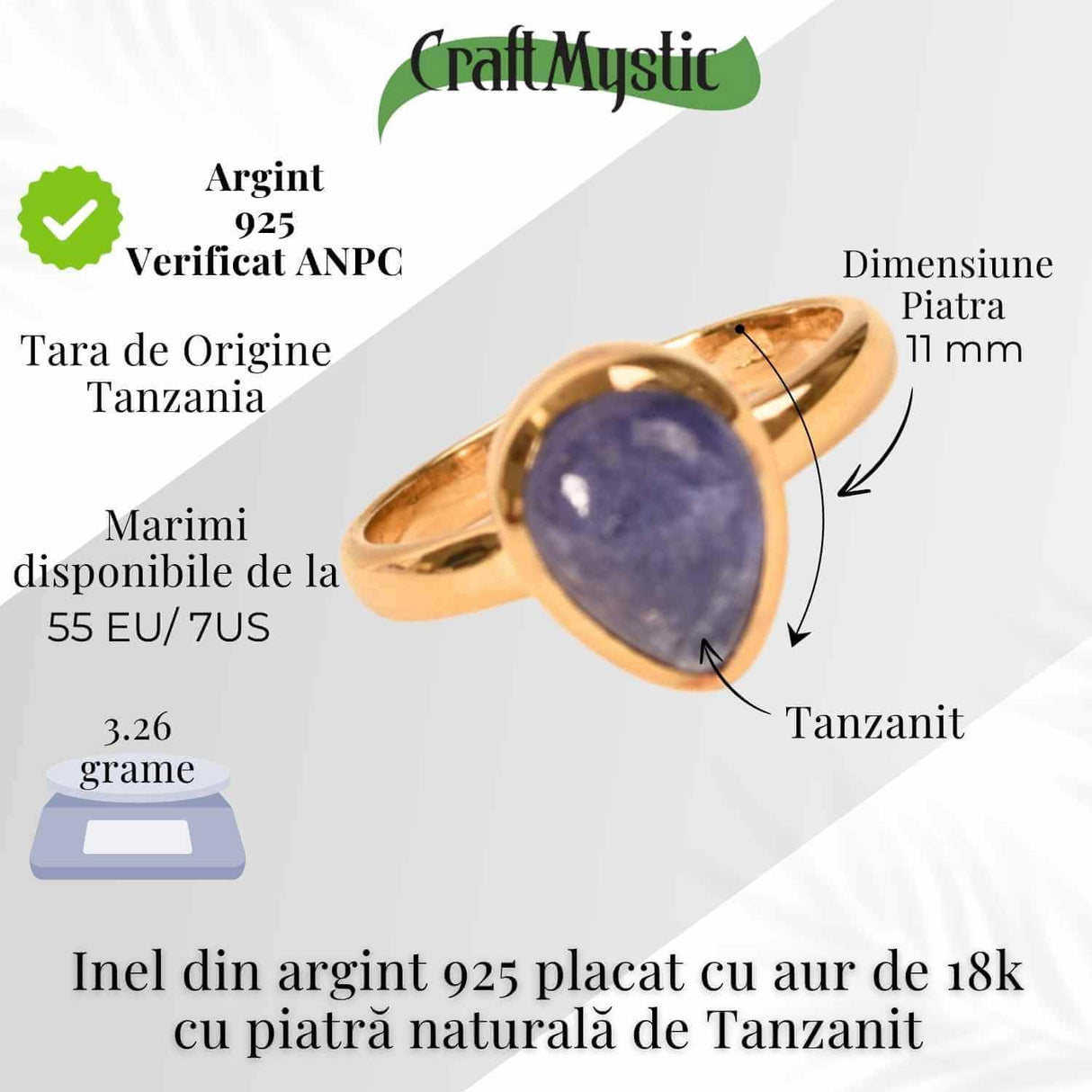 Inel Argint 925 cu Tanzanit in Forma de Lacrima Marime 55 (EU) / 7 (US)- Transformare si Claritate Spirituala