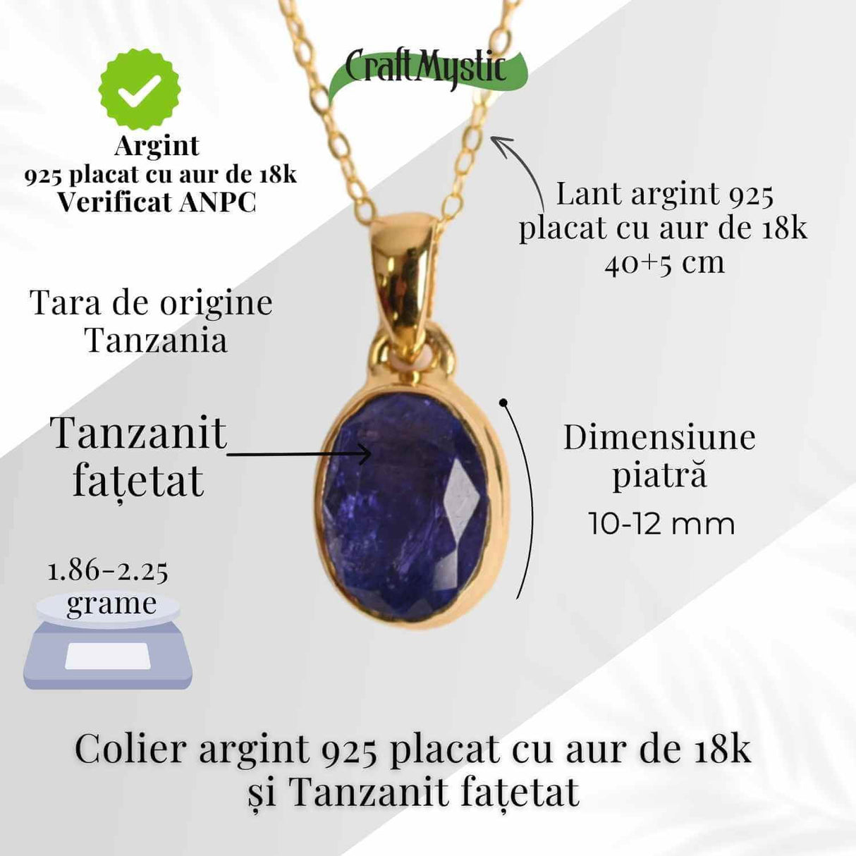 Colier Argint 925 Placat cu Aur 18K si Tanzanit Fatetat Oval - Claritate Spirituala si Transformare Interioara