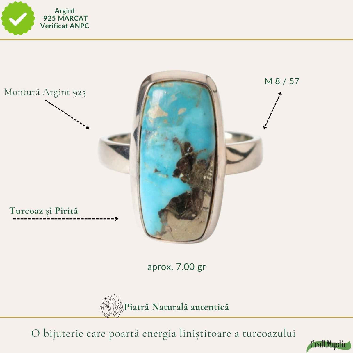 Inel Argint 925 cu Turcoaz si Pirita Dreptunghi – Protectie si Putere Interioara