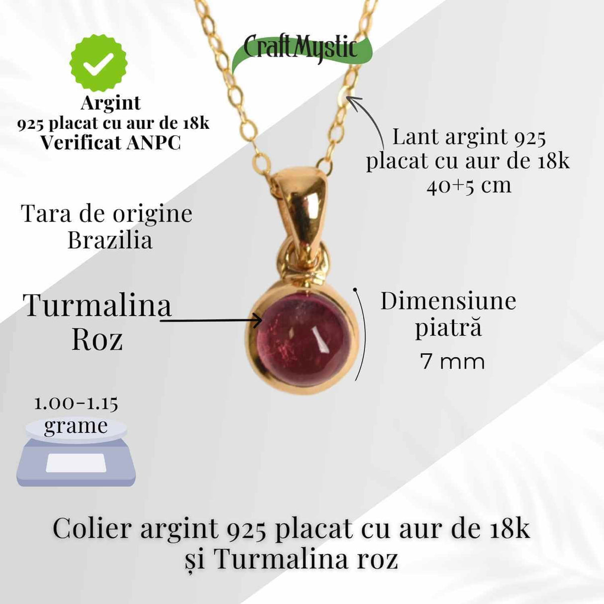 Colier Argint 925 Placat cu Aur 18K si Turmalina Roz Naturala - Iubire, Vindecare si Energie a Inimii