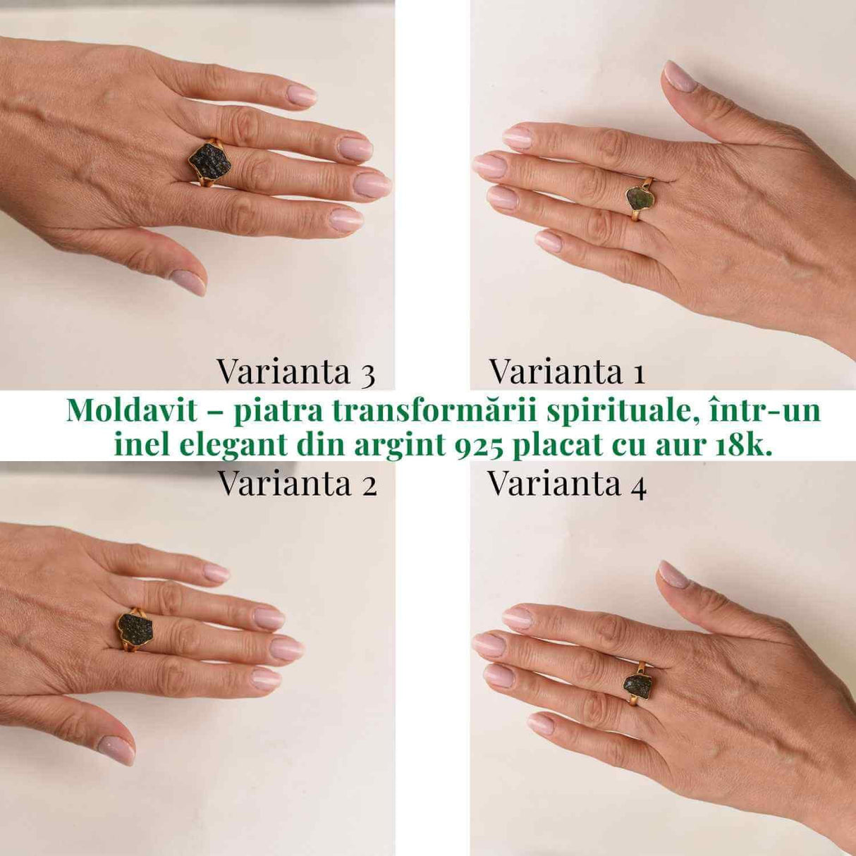 Inel argint 925 placat aur 18k cu Moldavit natural brut Marime 56-57 (EU) / 8 (US) - Stimuleaza Evolutia Interioara si Vindecarea Energetica