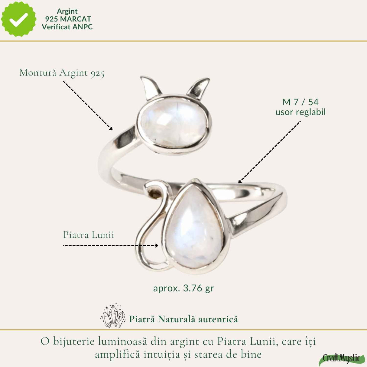 Inel Argint 925 Pisica cu Piatra Lunii – Intuitie si Protectie Feminina