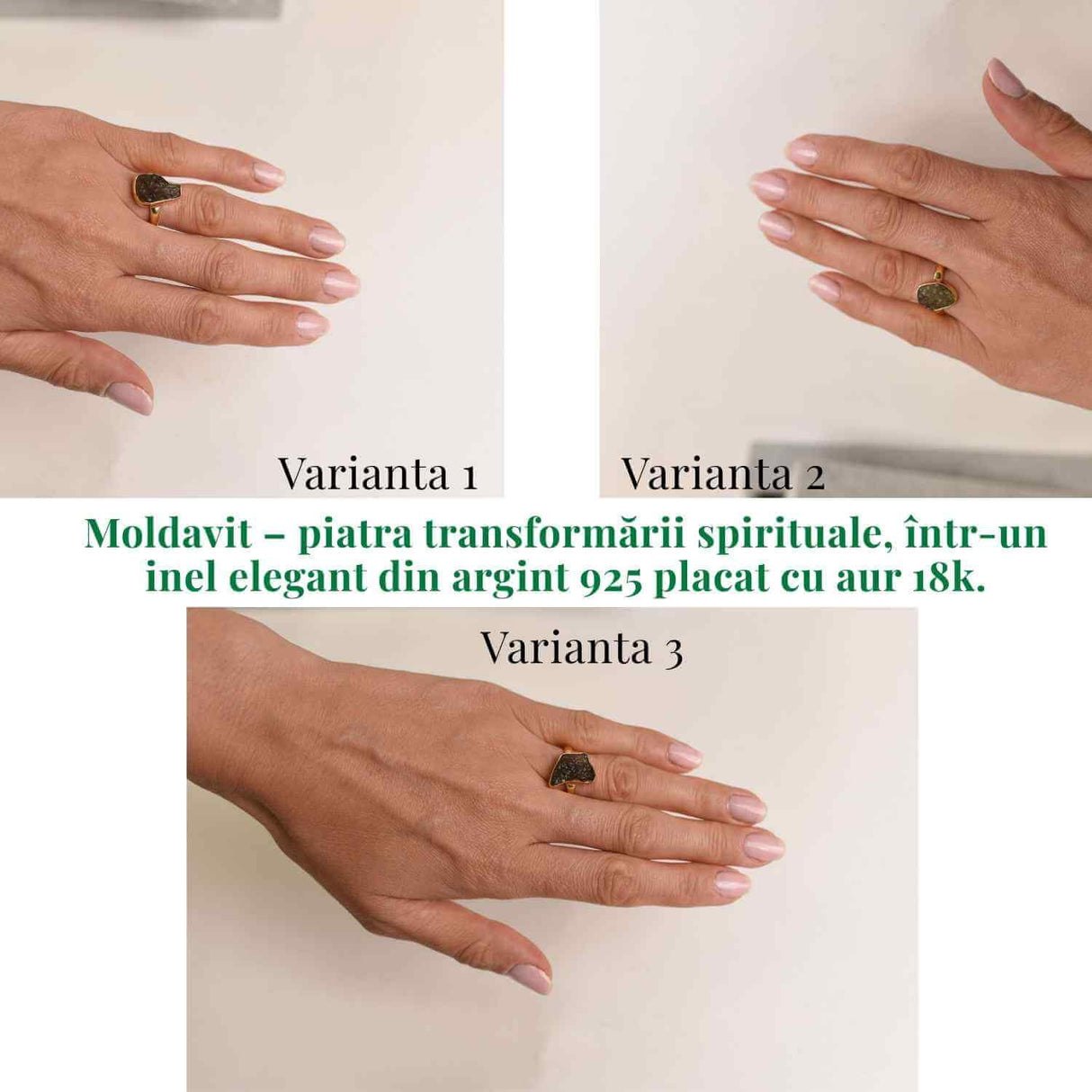 Inel argint 925 placat aur 18k cu Moldavit natural brut Marime 53-54 (EU) / 7 (US) - Piatra transformarii si protectiei