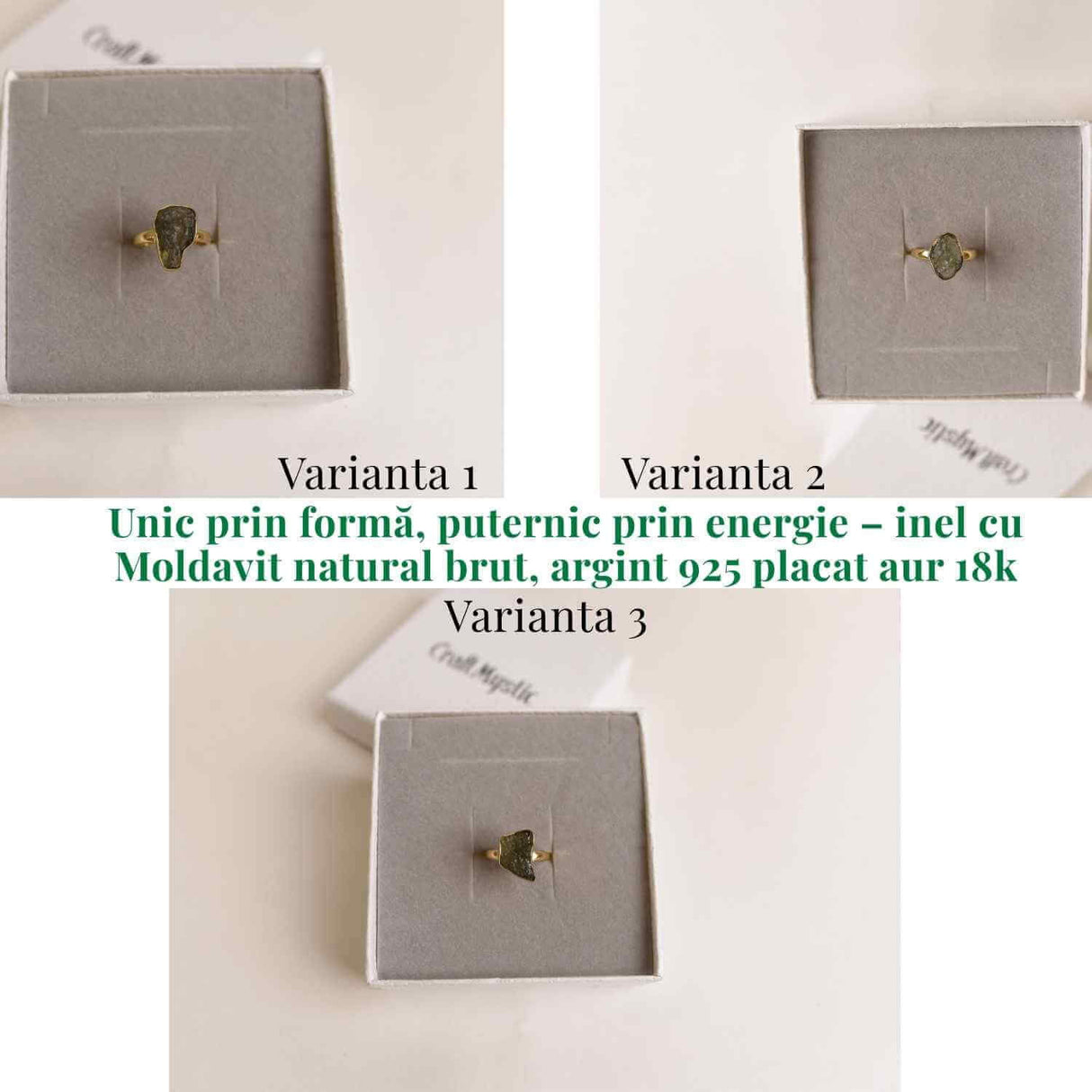 Inel argint 925 placat aur 18k cu Moldavit natural brut Marime 53-54 (EU) / 7 (US) - Piatra transformarii si protectiei