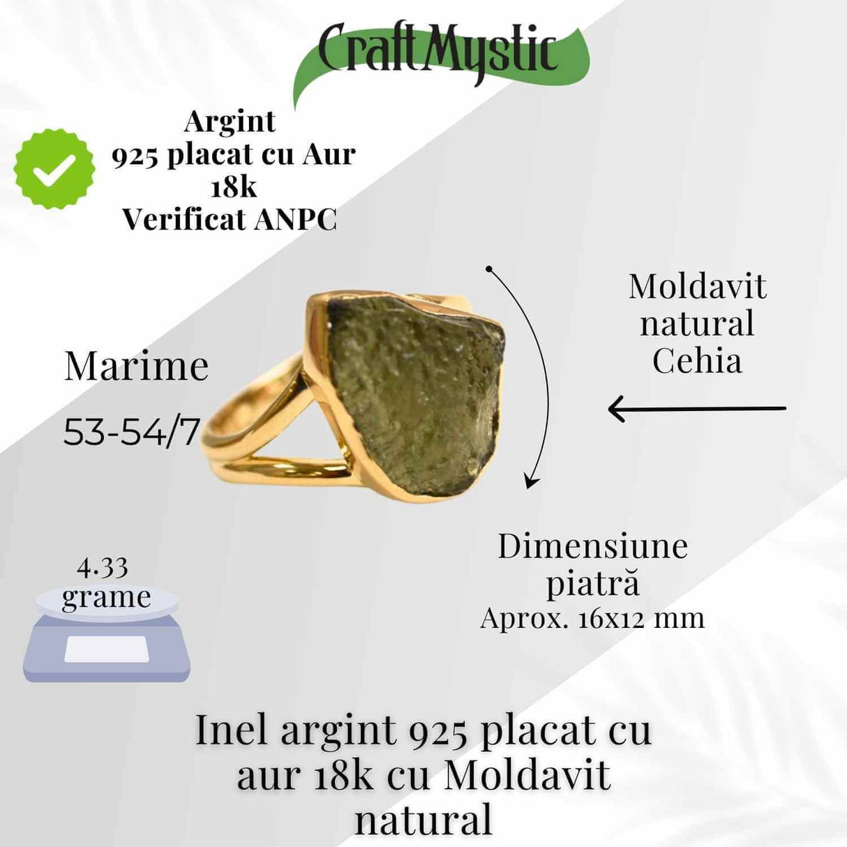 Inel argint 925 placat aur 18k cu Moldavit natural brut Marime 58-59 (EU) /9 (US) - Piatra transformarii si protectiei