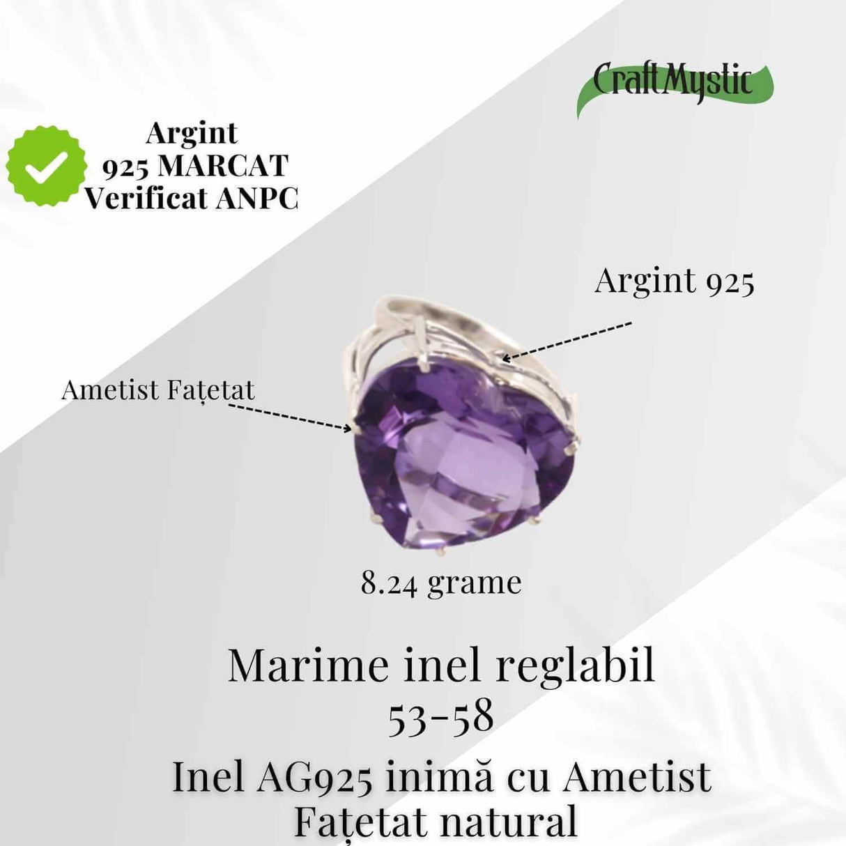 Inel din Argint 925 cu Ametist in Forma de Inima - Calm Interior si Protectie Emotionala