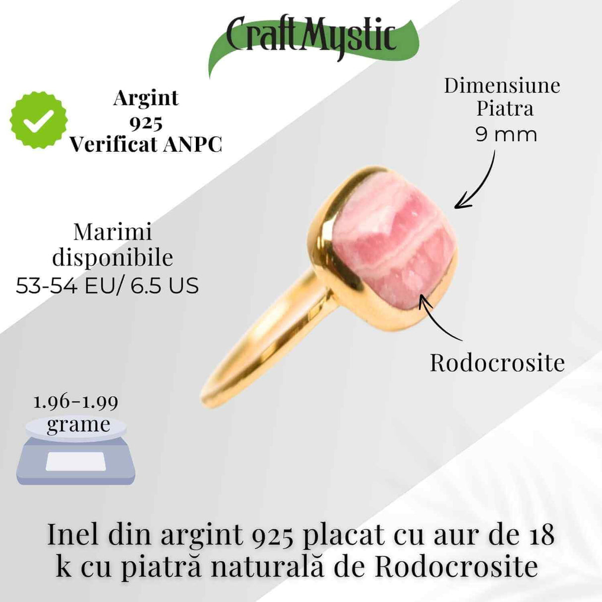 Inel Argint 925 placat cu aur 18K cu Rodocrozit Patrat - Iubire si Echilibru Emotional