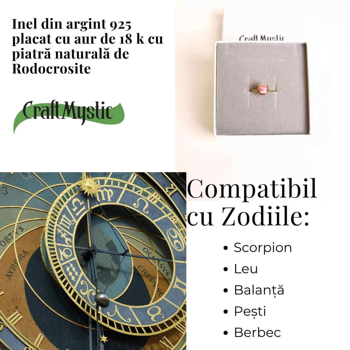 Inel Argint 925 placat cu aur 18K cu Rodocrozit Patrat - Iubire si Echilibru Emotional