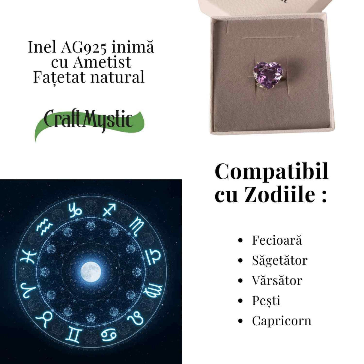 Inel din Argint 925 cu Ametist in Forma de Inima - Calm Interior si Protectie Emotionala