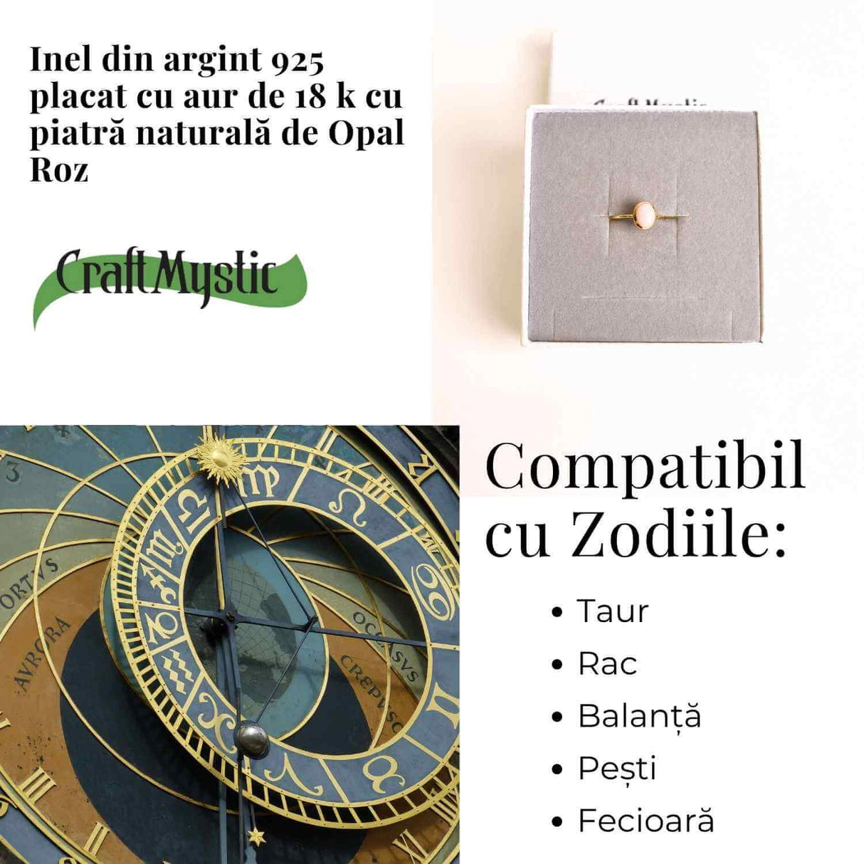 Inel Argint 925 placat cu Aur 18K cu Opal Roz Oval - Iubire, Vindecare si Blandete
