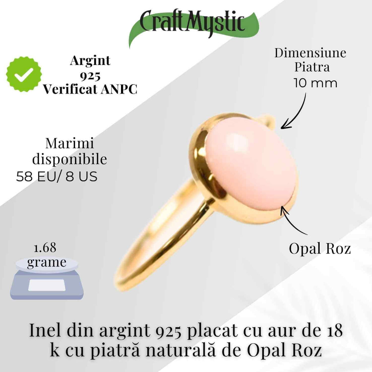 Inel Argint 925 placat cu Aur 18K cu Opal Roz Oval - Iubire, Vindecare si Blandete