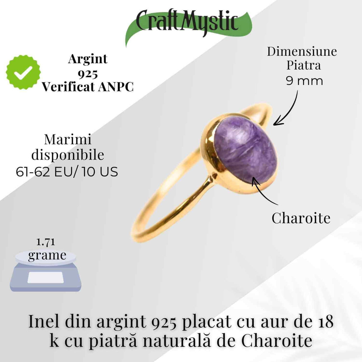 Inel Argint 925 placat cu Aur 18K cu Charoite Oval - Transformare si Claritate Spirituala