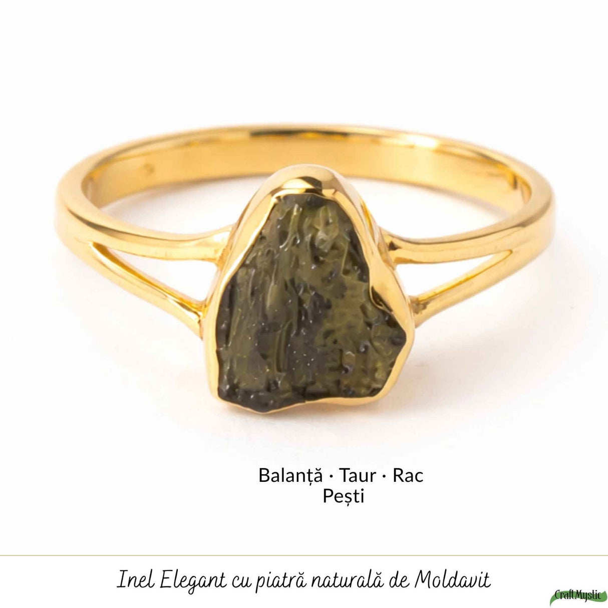 Inel cu Moldavit Brut, Argint 925 Placat Aur 18K, M8/56 - Protectie Energetica si Claritate