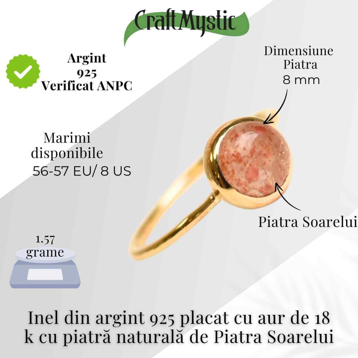 Inel Argint 925 placat cu Aur 18K cu Piatra Soarelui Oval - Energie Pozitiva si Incredere Interioara