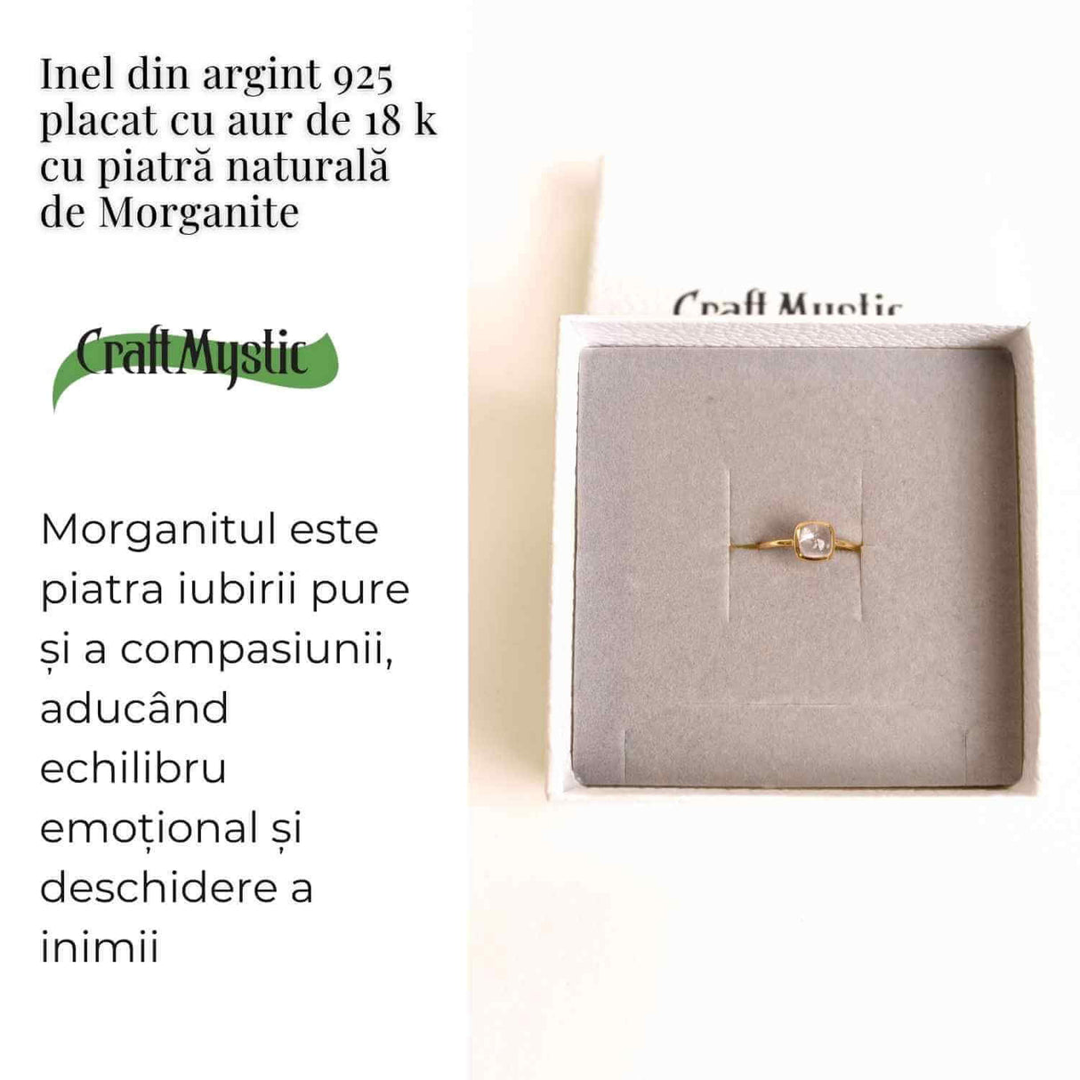 Inel Argint 925 placat cu Aur 18K cu Morganite Patrat - Iubire Divina si Echilibru Emotional