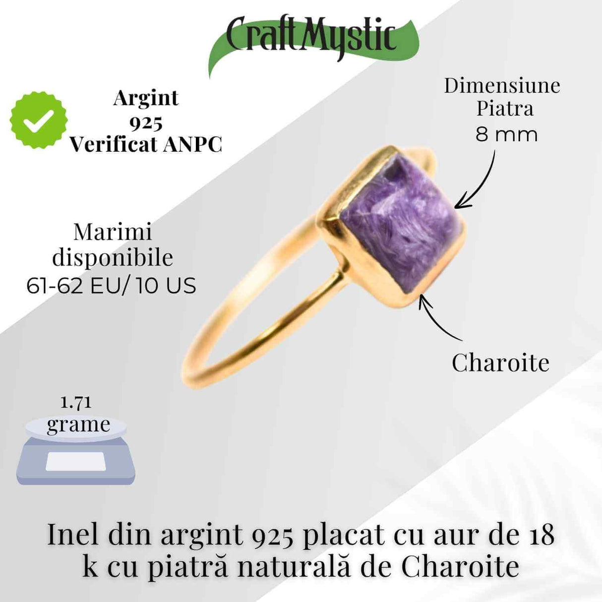 Inel Argint 925 placat cu Aur 18K cu Charoite Patrat - Transformare Spirituala si Liniste Interioara