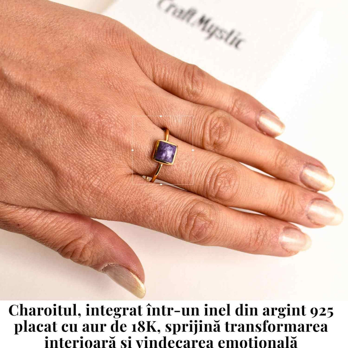 Inel Argint 925 placat cu Aur 18K cu Charoite Patrat - Transformare Spirituala si Liniste Interioara