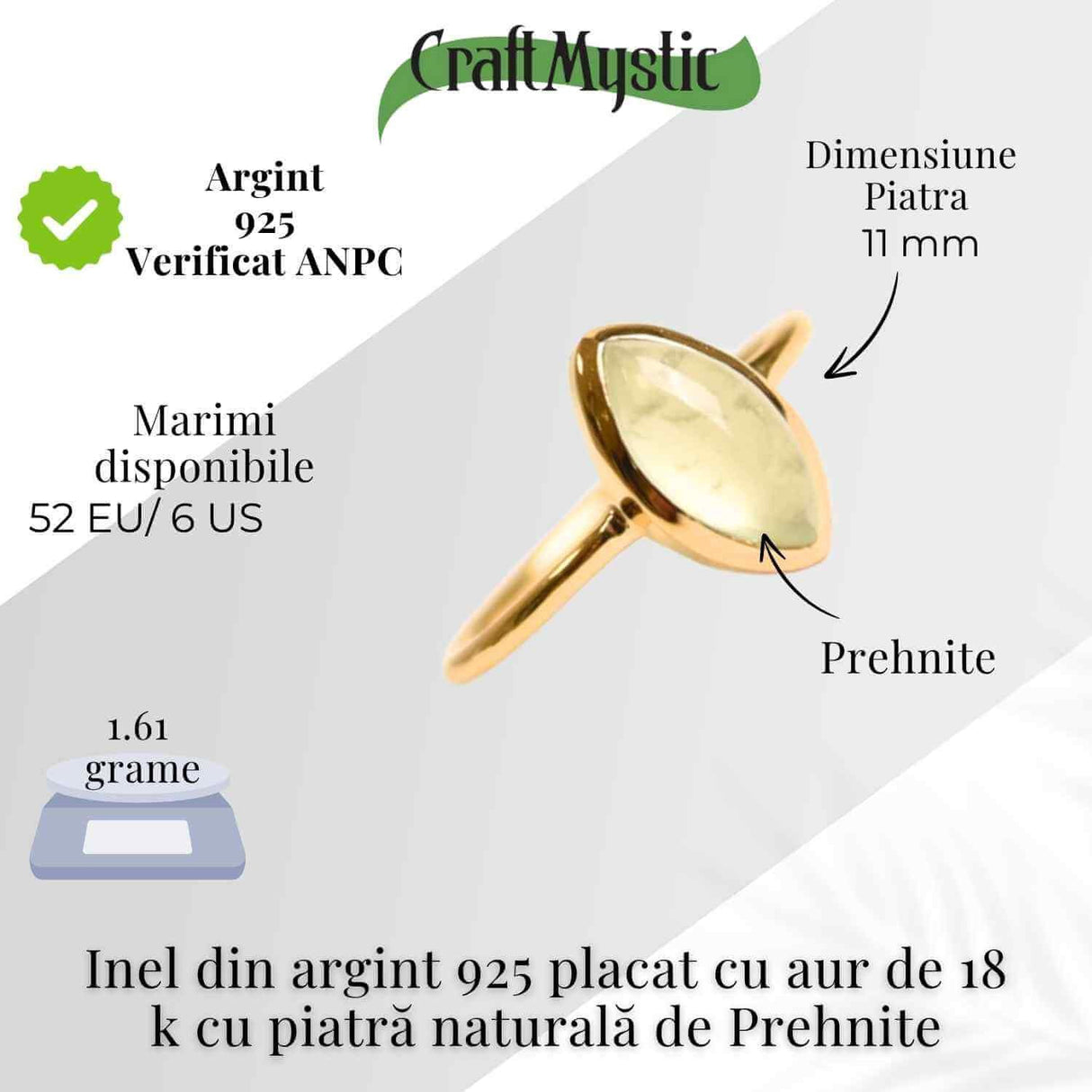 Inel Argint 925 placat cu aur 18K cu Prehnit forma delica - Liniste Interioara si Claritate Spirituala