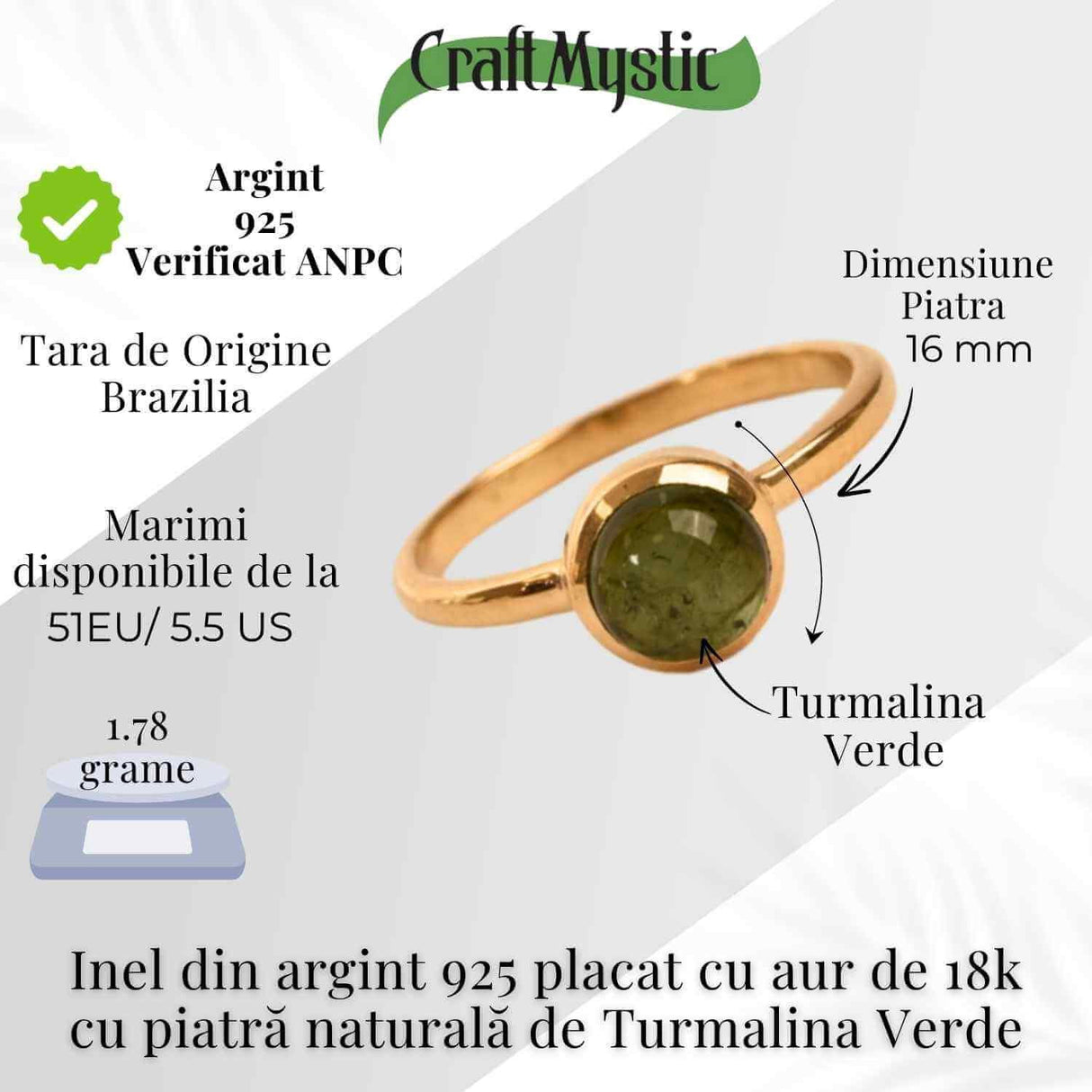 Inel Argint 925 Placat cu Aur 18K cu Turmalina Verde Marime 51 (EU) / 5.5 (US) - Echilibru si Incredere Interioara