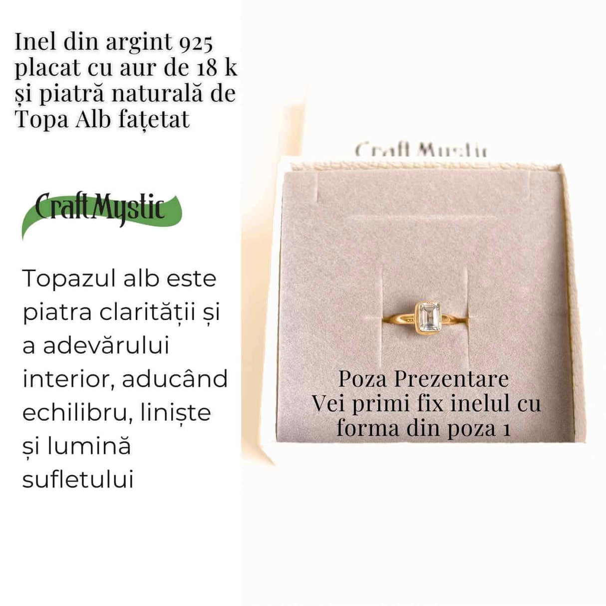 Inel argint 925 placat cu aur 18k si Topaz Alb rotund fatetat