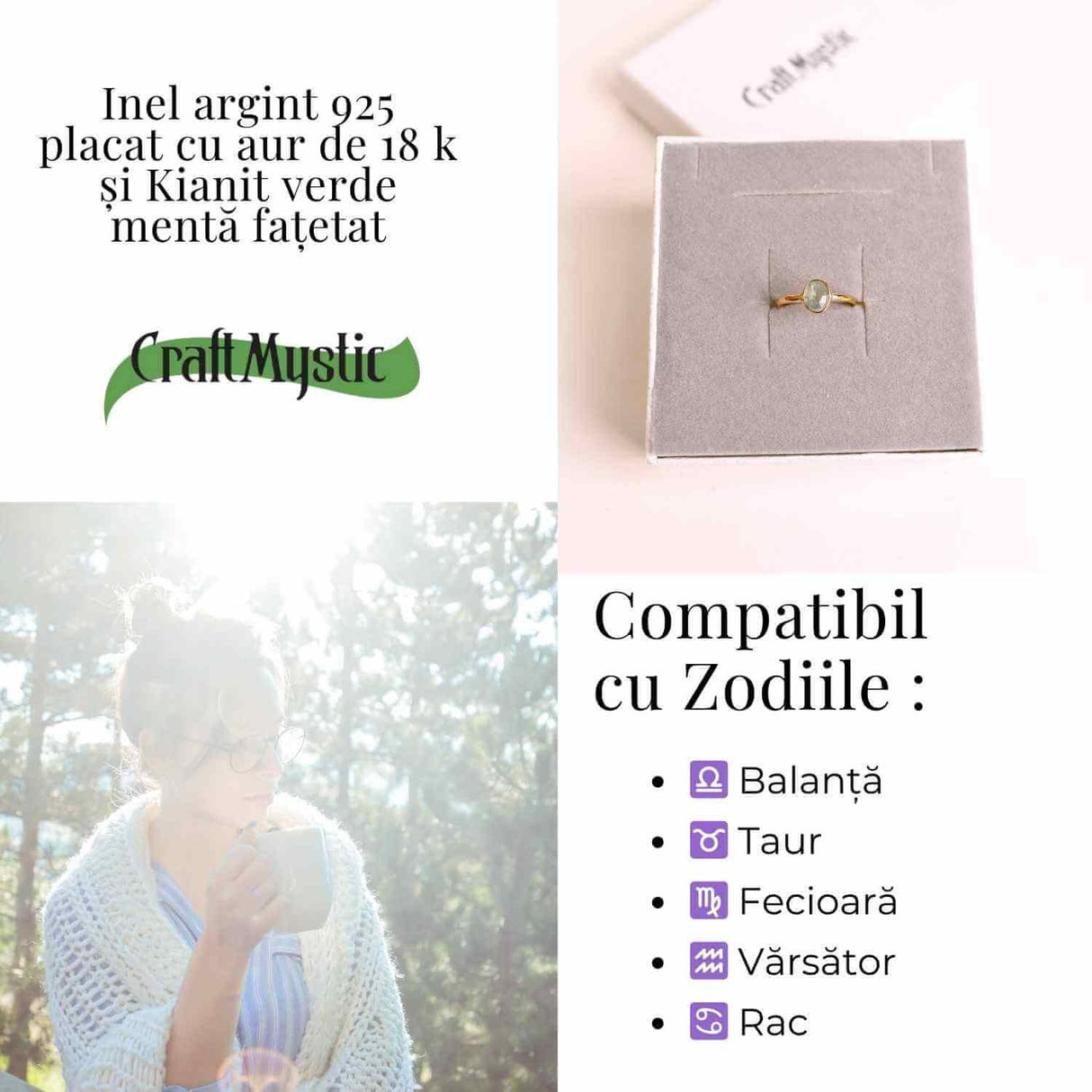Inel argint 925 placat cu aur 18K si Kyanit verde menta fatetat - Echilibru si incredere