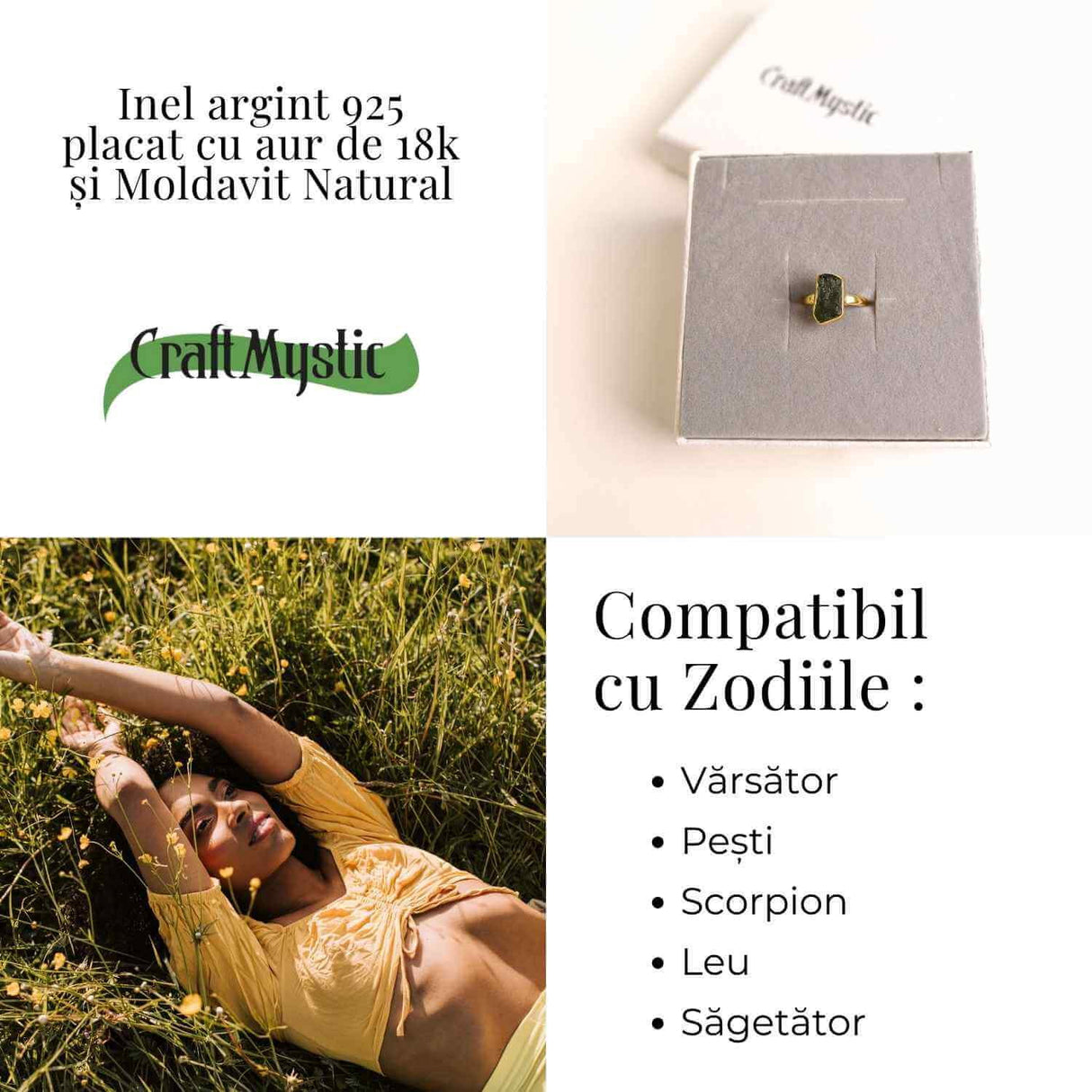 Inel argint 925 placat cu aur de 18k cu Moldavit natural 5 marime 53/6 - Evolutie interioara si protectie
