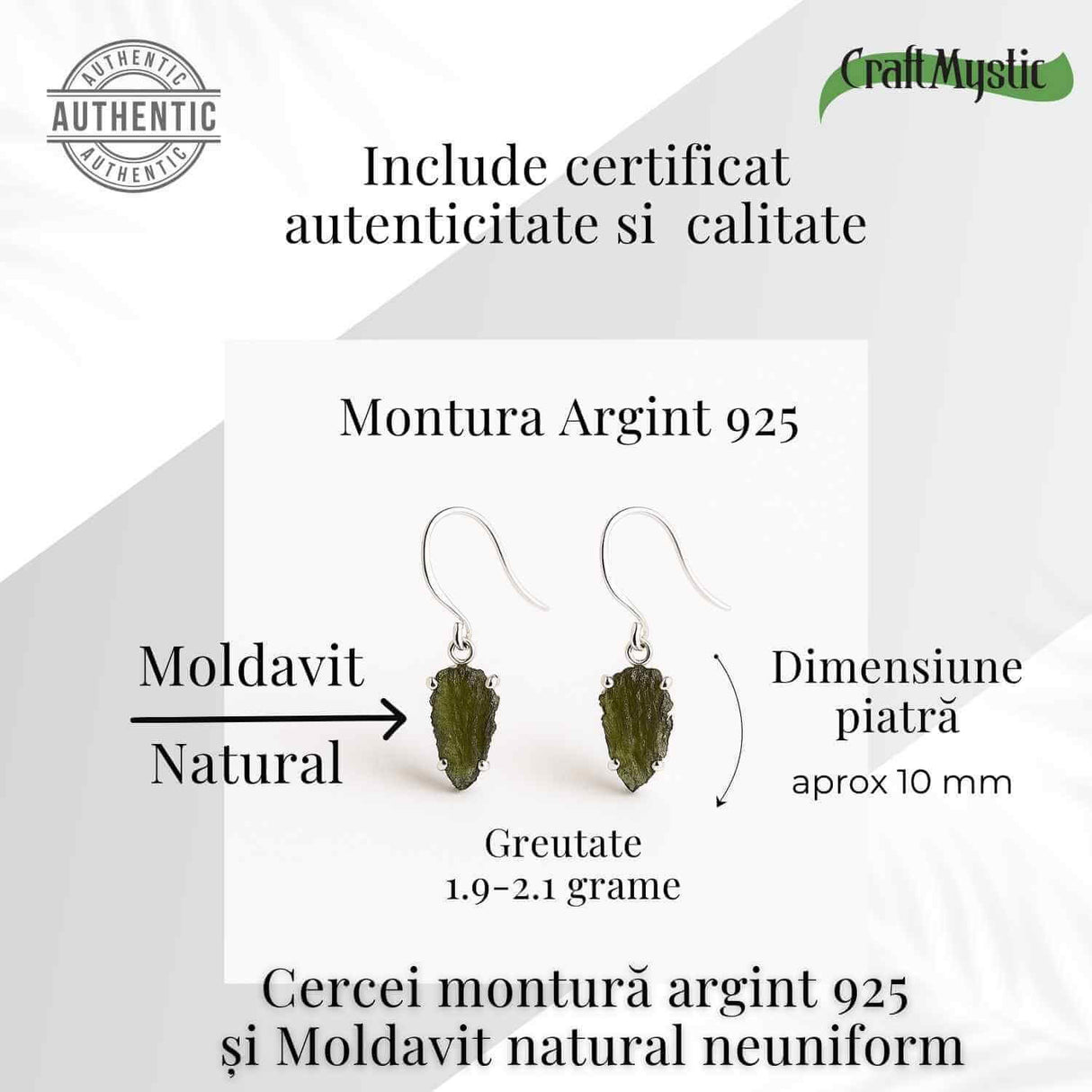 Cercei argint 925 cu Moldavit natural neuniform 1.9-2 grame - Transformare interioara si conexiune spirituala