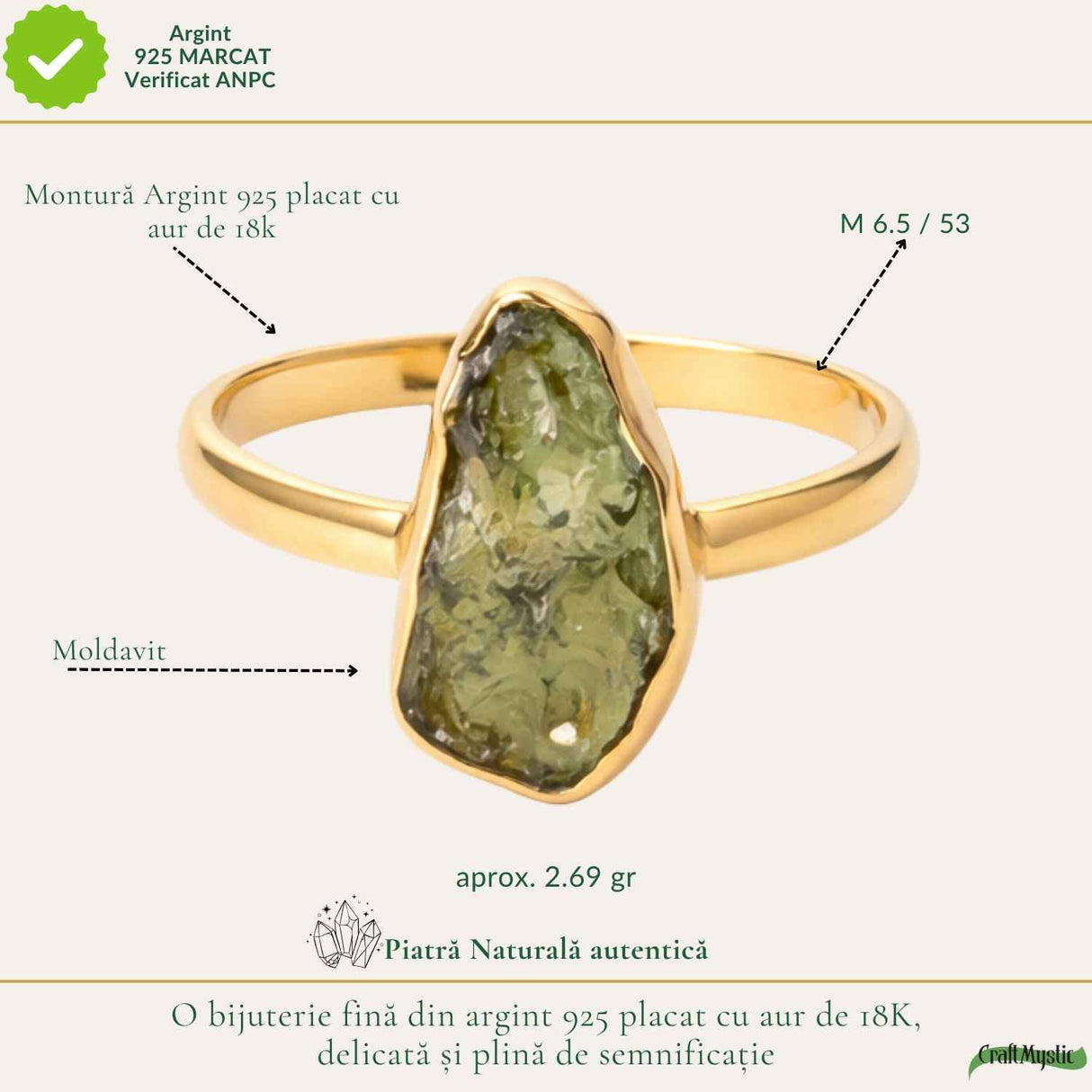 Inel argint 925 placat cu aur de 18k si moldavit brut neuniform, M6.5/53 – energie profunda si transformare autentica