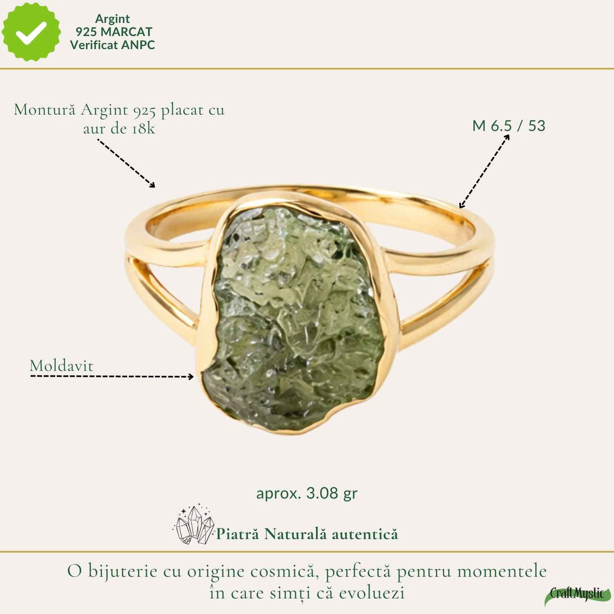 Inel argint 925 placat cu aur de 18k si moldavit brut M6.5/53 – energie intensa si transformare autentica
