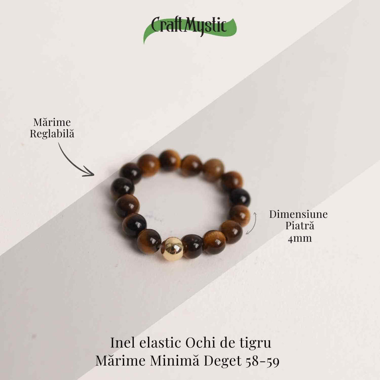 Inel elastic cu biluta aurie si margele 4 mm din pietre naturale - Ochi de tigru