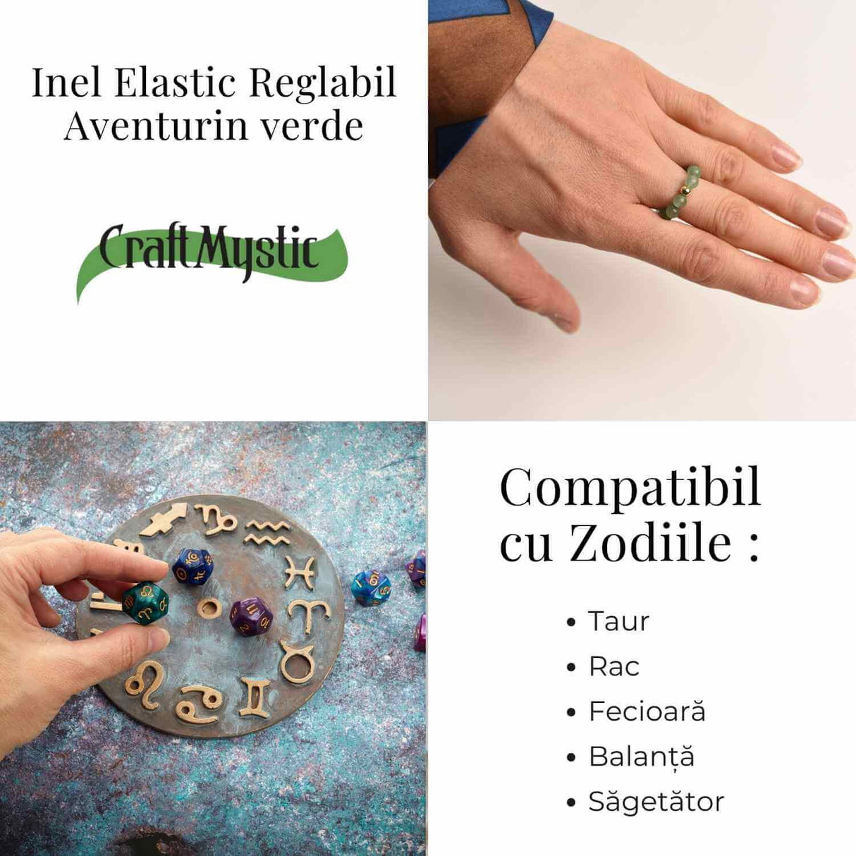 Inel elastic cu biluta aurie si margele 4 mm din pietre naturale