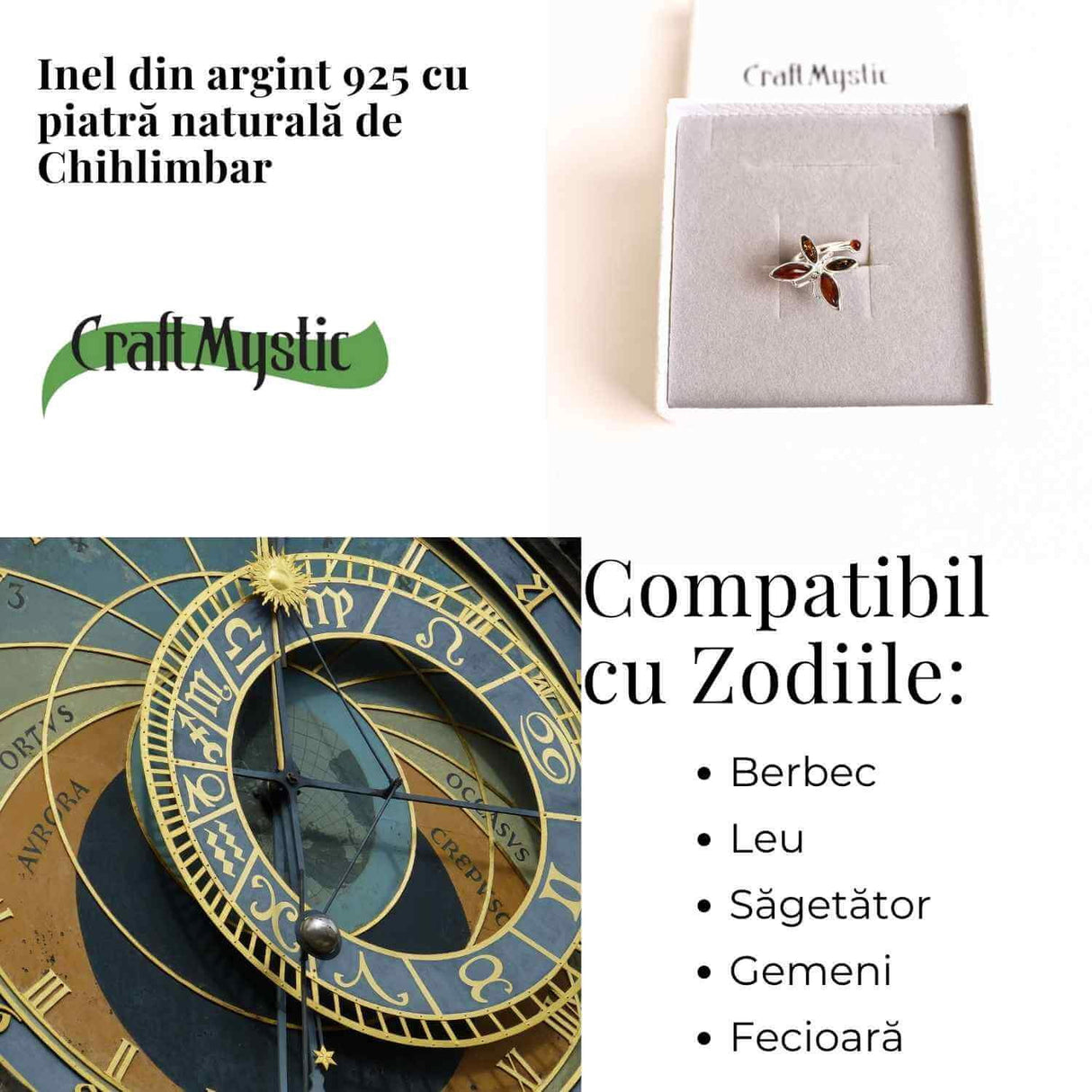 Inel Argint 925 cu Chihlimbar Natural in Forma de Fluture ajustabil - Renastere si Energie Solara