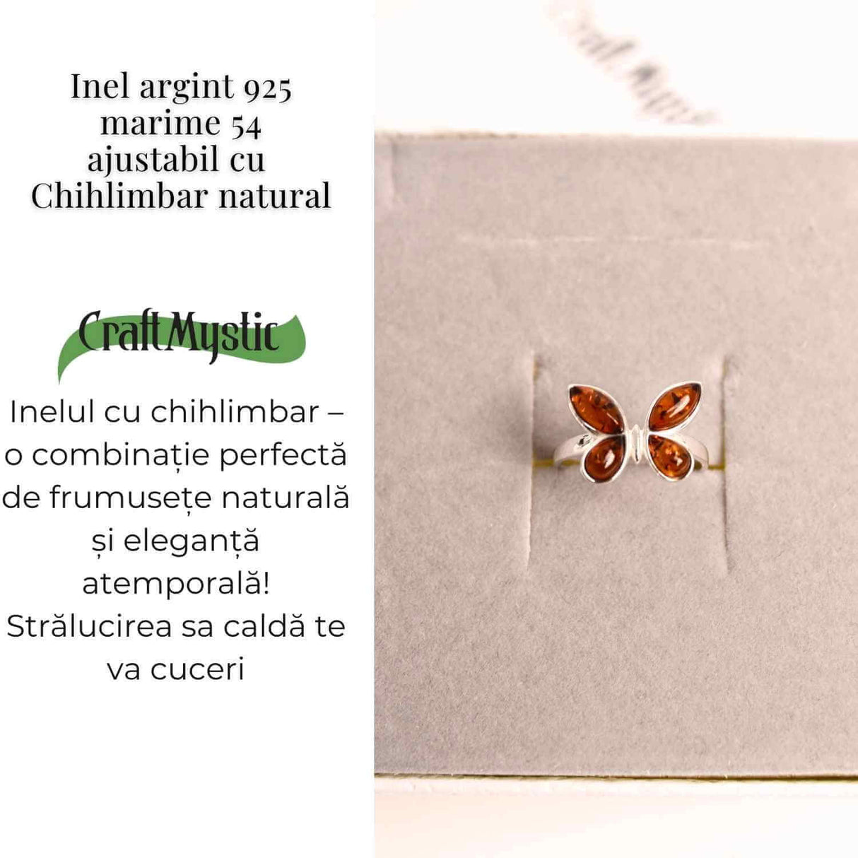 Inel ajustabil argint 925 cu chihlimbar natural forma de fluture- Simbol al elegantei si transformarii