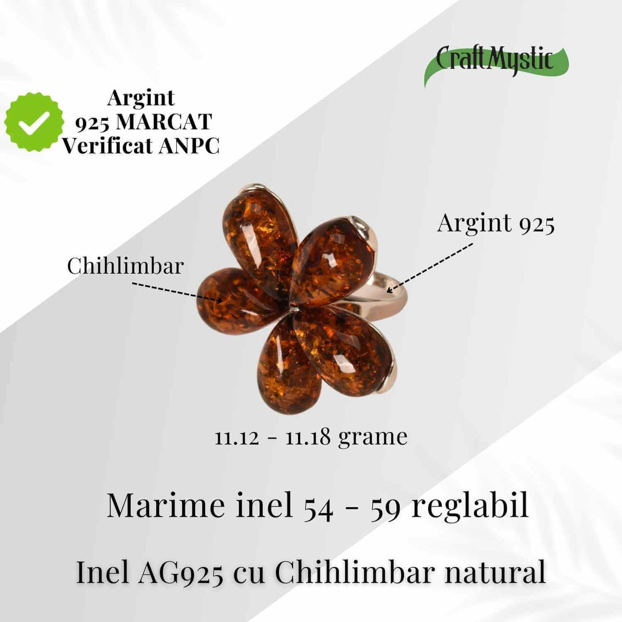 Inel floare din argint 925 cu chihlimbar natural - Floare a caldurii interioare